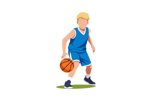 Boy Dribbling Basketball in Blue Sportswear: An Energetic Design Asset
